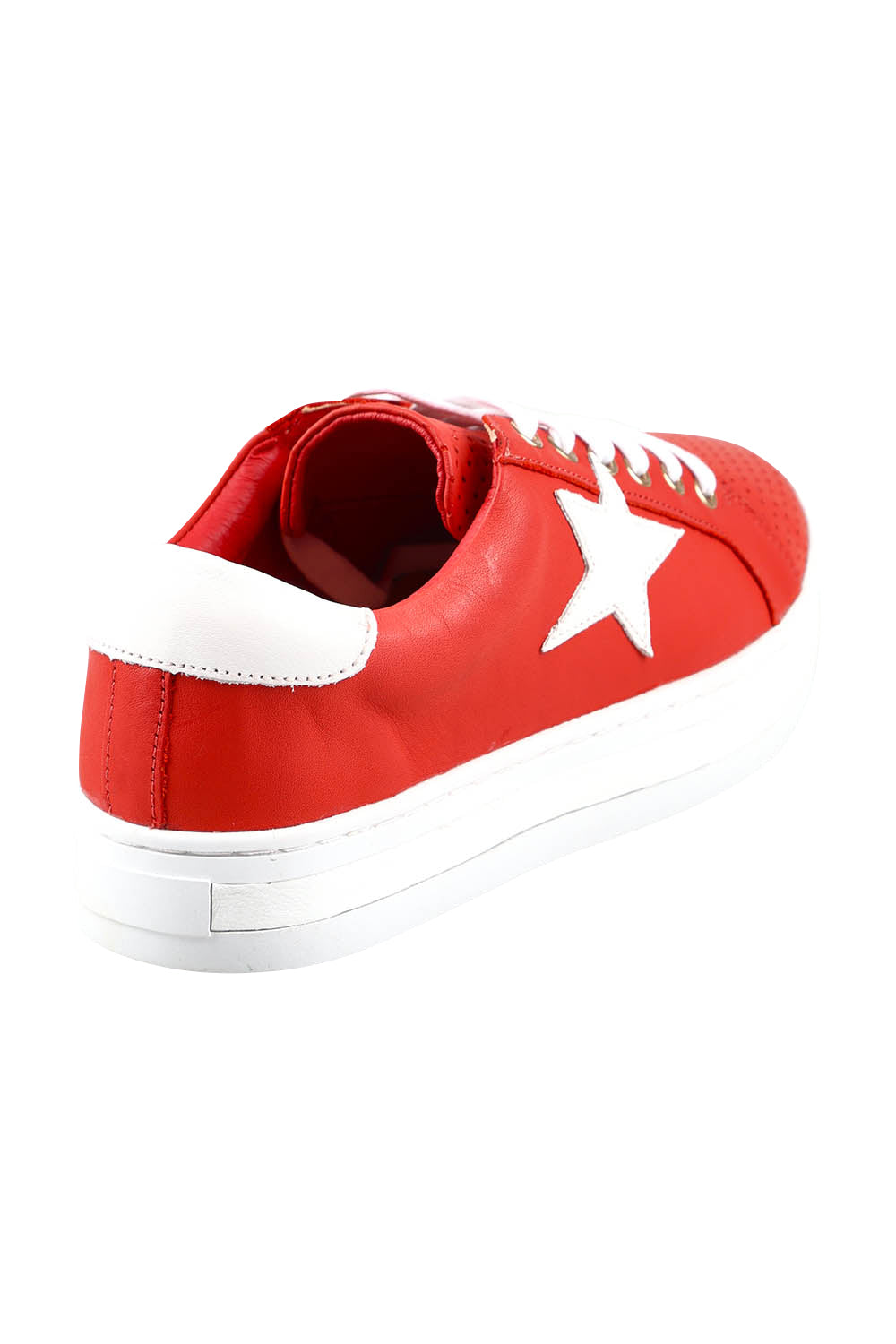Product shot of the Pixie Leather Sneaker in colour Firewhite (Red), from the back