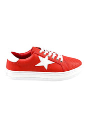 Product shot of the Pixie Leather Sneaker in colour Firewhite (Red), from the front