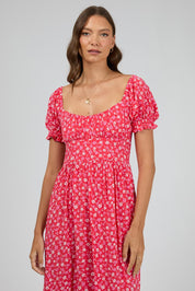 A model wearing the Dolly Maxi Dress in colour Red (Red), from the front, cropped image