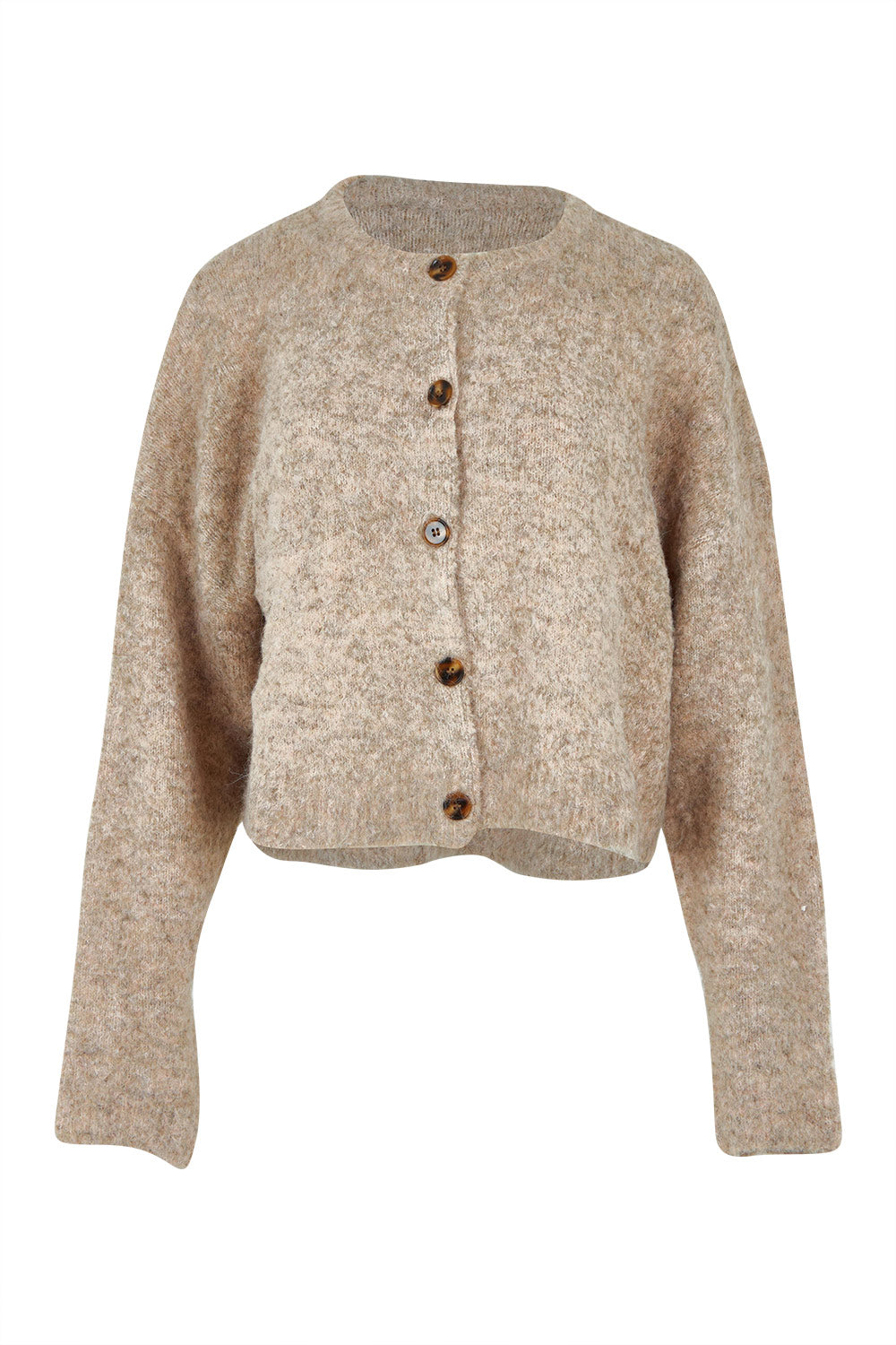 Product shot of the Billie Jean Cardi in colour Oat, from the front