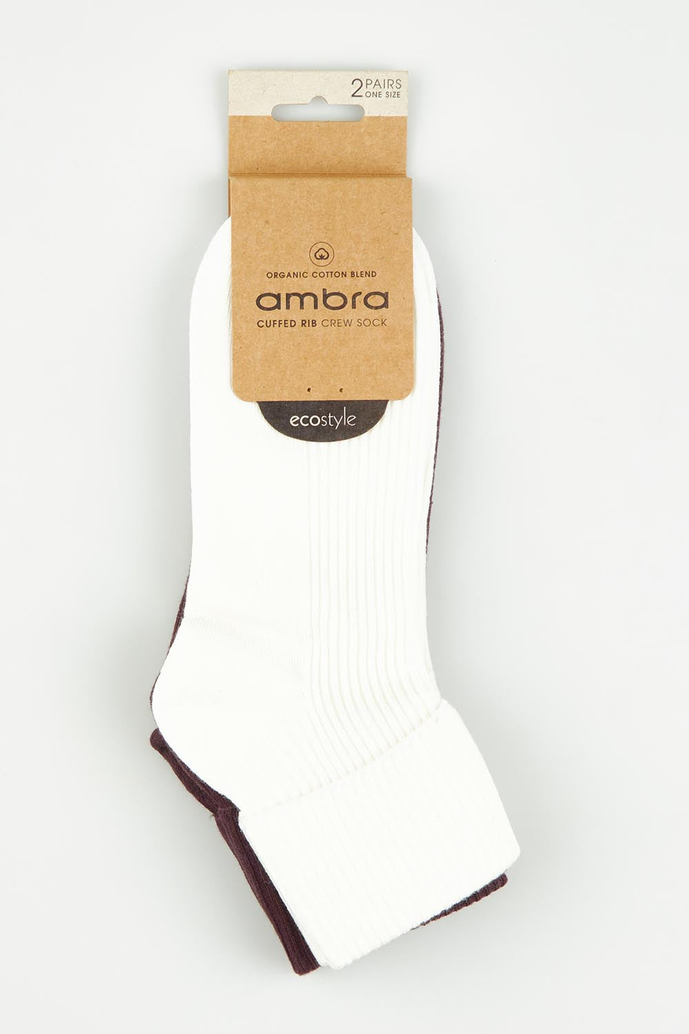 A model wearing the Organic Cotton Cuffed Rib Crew Sock 2 Pack in colour Butterfudg, from the front, showing the whole outfit