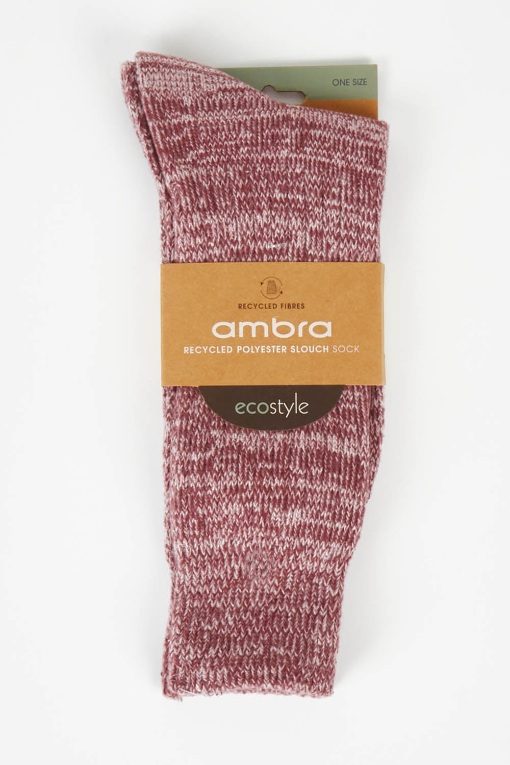 A model wearing size OneSize of the Recycled Polyester Slouch Sock in colour Sangria (Purple), from the front, showing the whole outfit