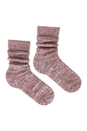 Product shot of the Recycled Polyester Slouch Sock in colour Sangria (Purple), from the front