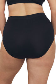 A model wearing the Bare Essentials Full Brief in colour Black (Black), from the back
