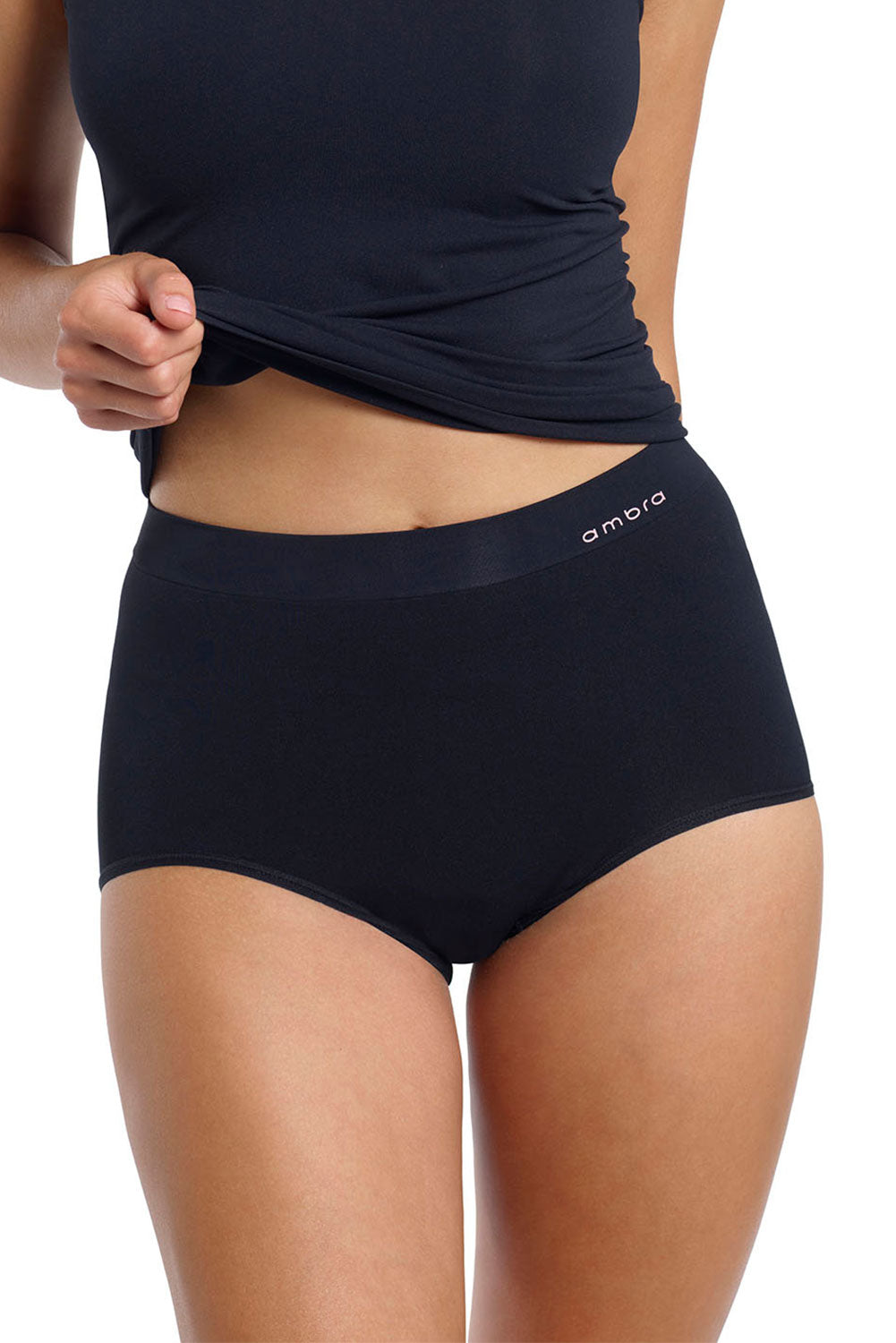 A model wearing the Bondi Bare Full Brief in colour Black (Black), from the front, cropped image