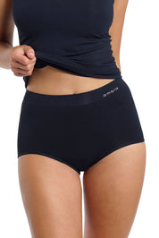 A model wearing the Bondi Bare Full Brief in colour Black (Black), from the front, cropped image