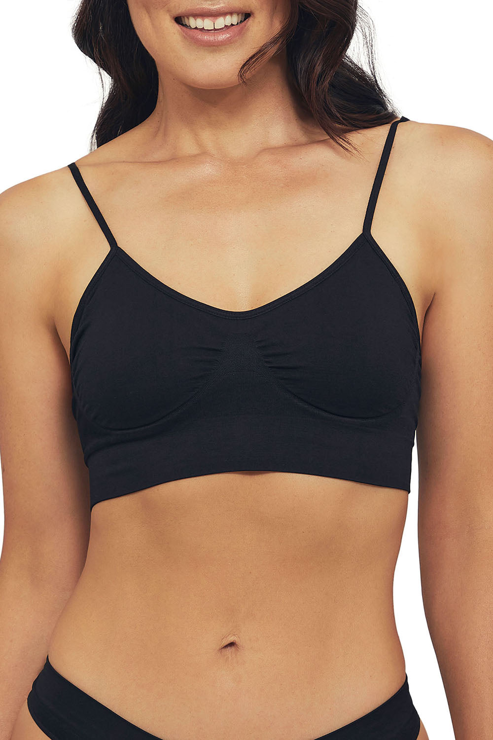 A model wearing the Bare Essentials Padded Wirefree Bra in colour Black (Black), from the front, cropped image