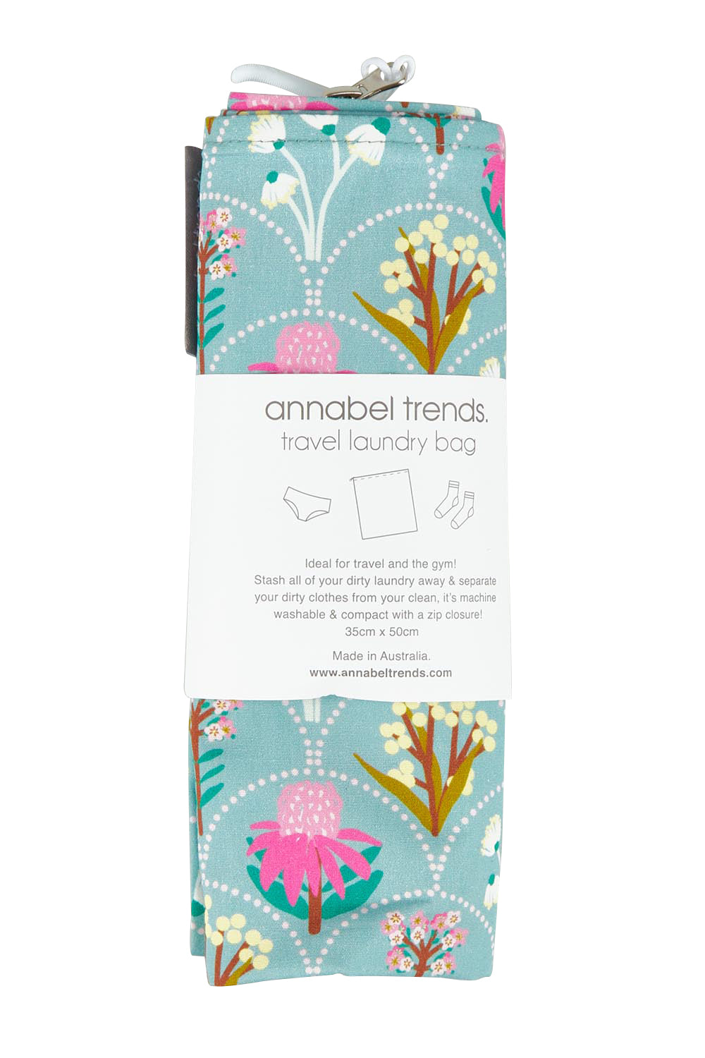 Product shot of the Australian Made Travel Laundry Bag in colour Wildflower (Blue), from the front