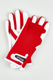A model wearing the Sprout Goatskin Gloves in colour Red (Red), from the front, showing the whole outfit