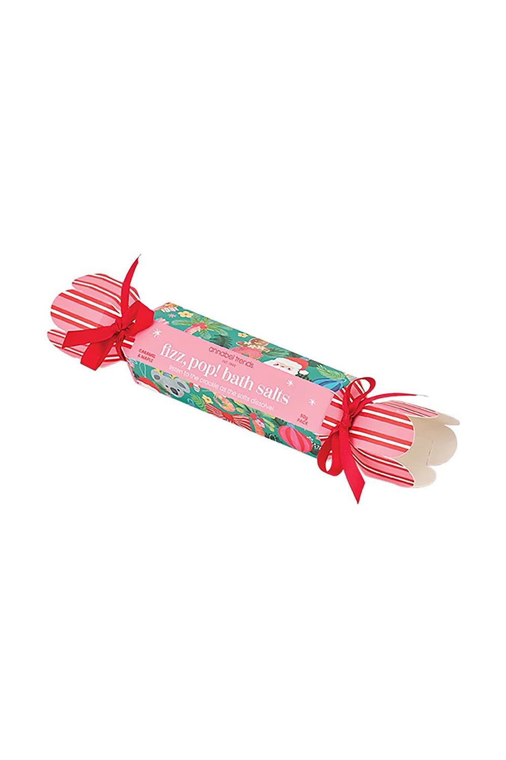 Product shot of the Festive Fizz Pop Bath Salts Bon Bon - Festive in colour Festive, from the back