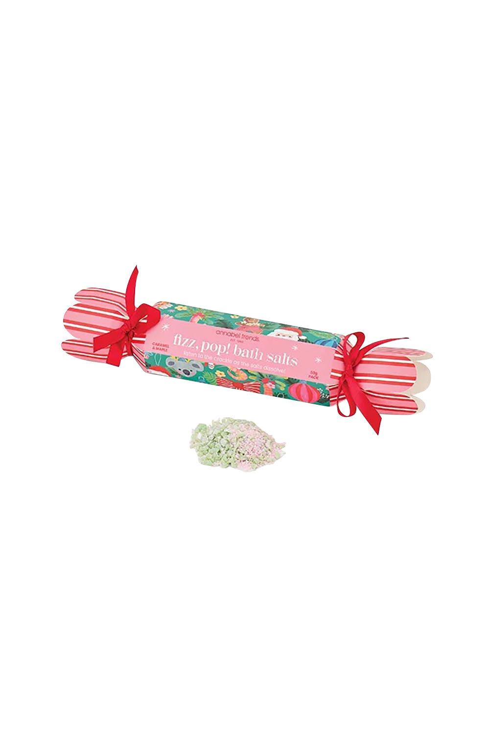 Product shot of the Festive Fizz Pop Bath Salts Bon Bon - Festive in colour Festive, showing detail