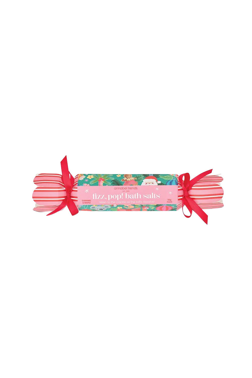 Product shot of the Festive Fizz Pop Bath Salts Bon Bon - Festive in colour Festive, from the front