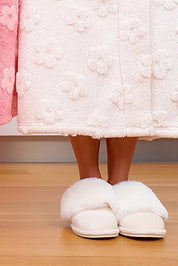 Product shot of the Cosy Luxe Slippers - Ivory in colour Ivory, from the back