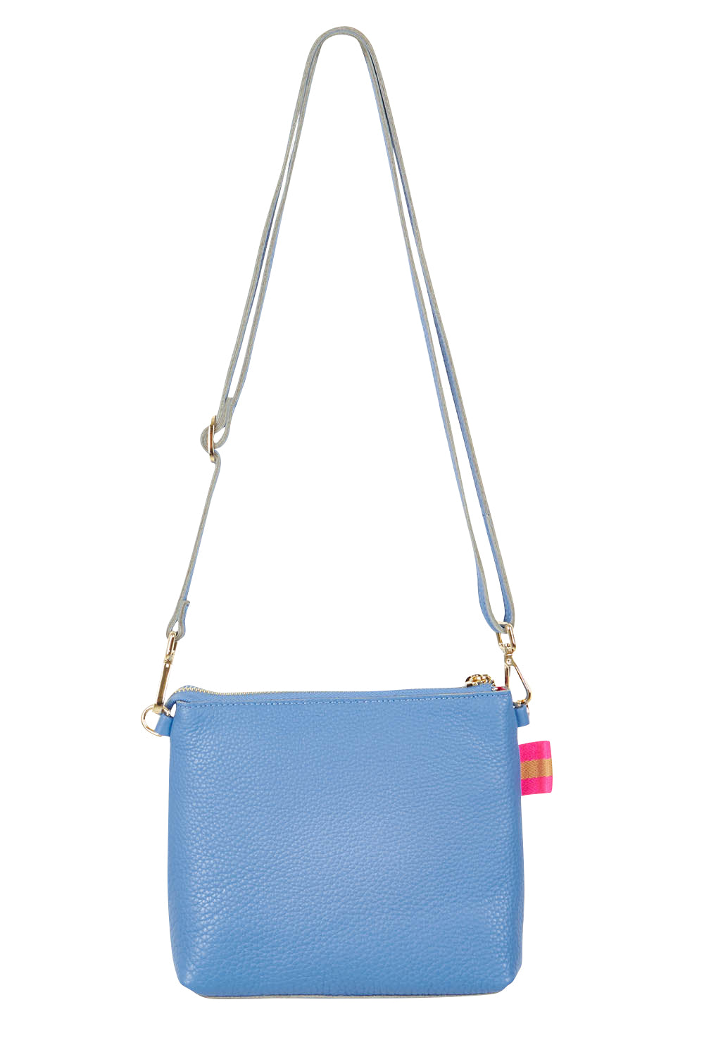 Product shot of the Alexis Leather Crossbody in colour Cornflower (Blue), from the back