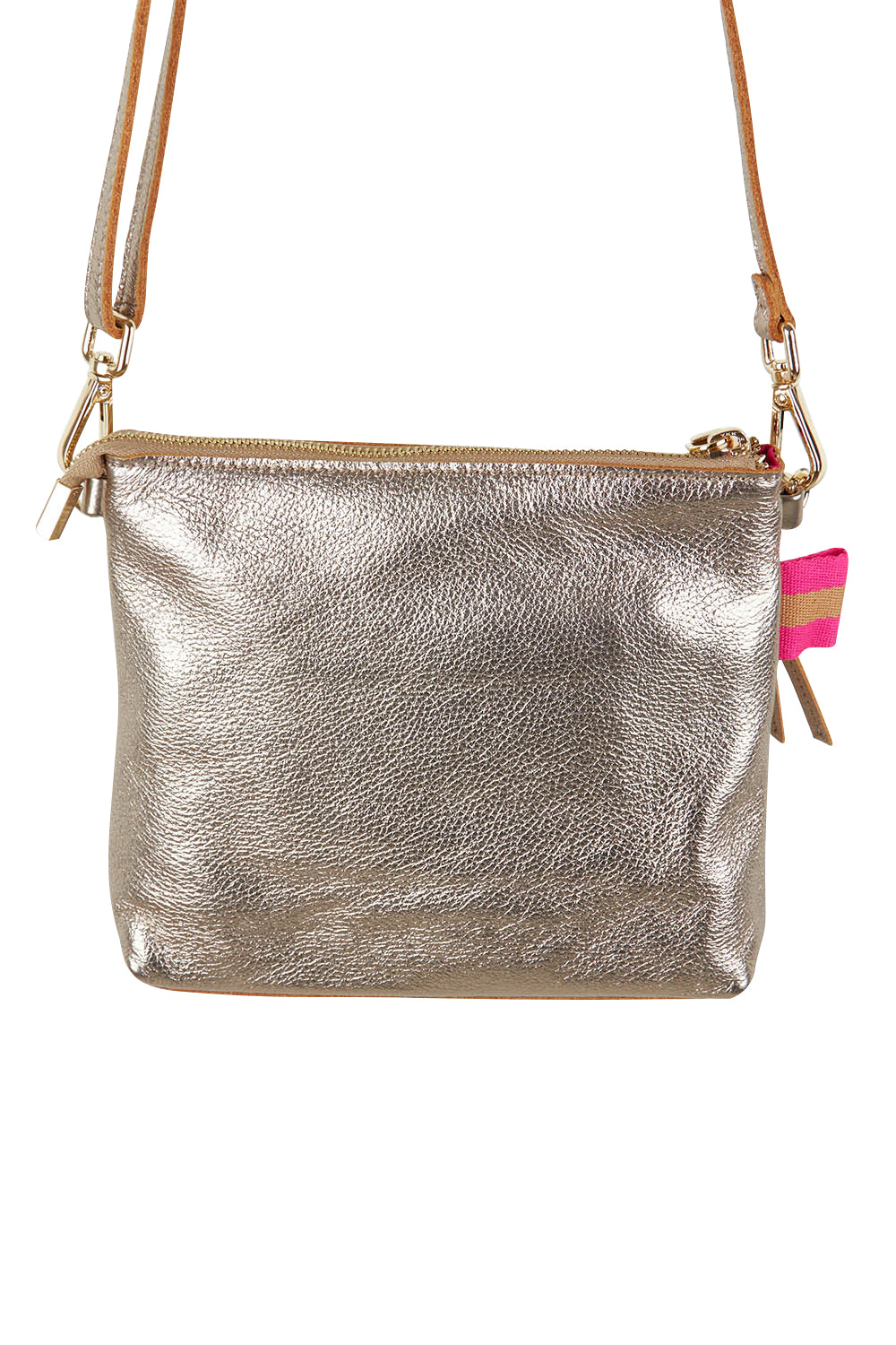 Product shot of the Alexis Leather Crossbody in colour Gold (Metallics), from the back
