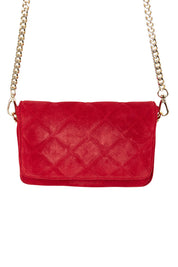 Product shot of the Sarah Leather Quilted Crossbody in colour Redsuede (Red), detail