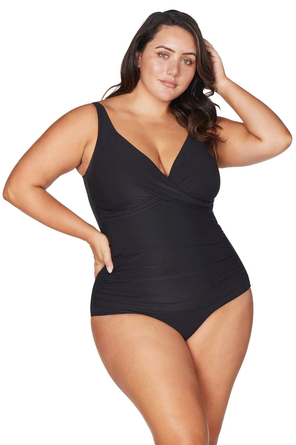 A model wearing the Delacroix One Piece in colour Black (Black), from the front, cropped image