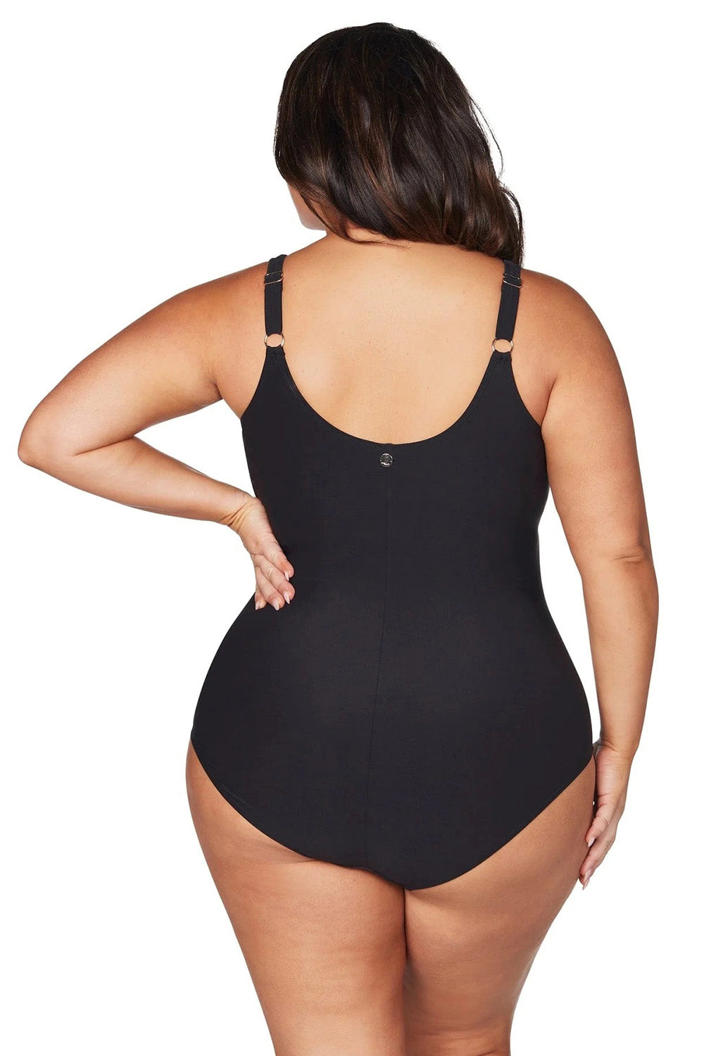 A model wearing the Delacroix One Piece in colour Black (Black), from the front, cropped image