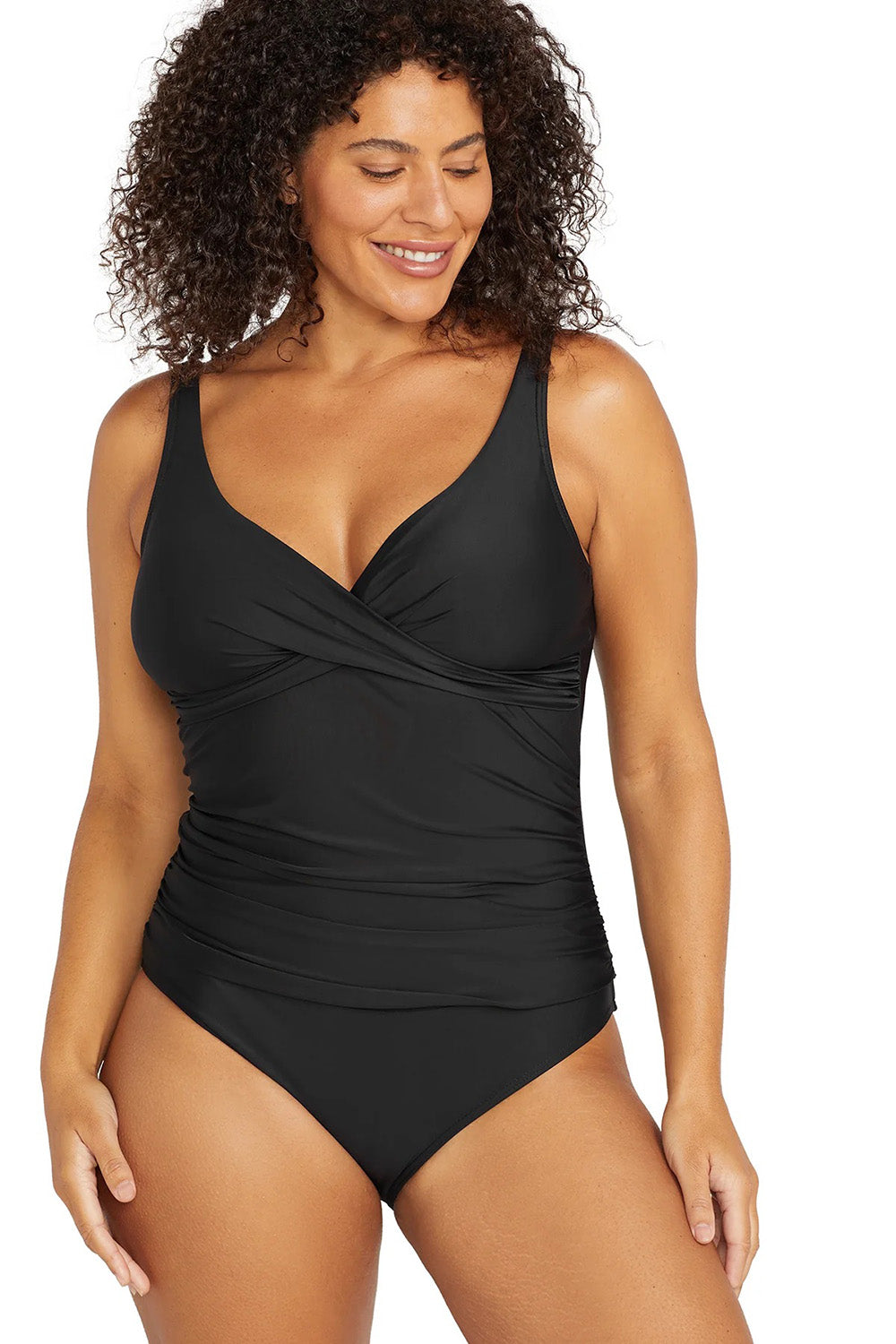 A model wearing the Delacroix One Piece in colour Black (Black), from the front, cropped image