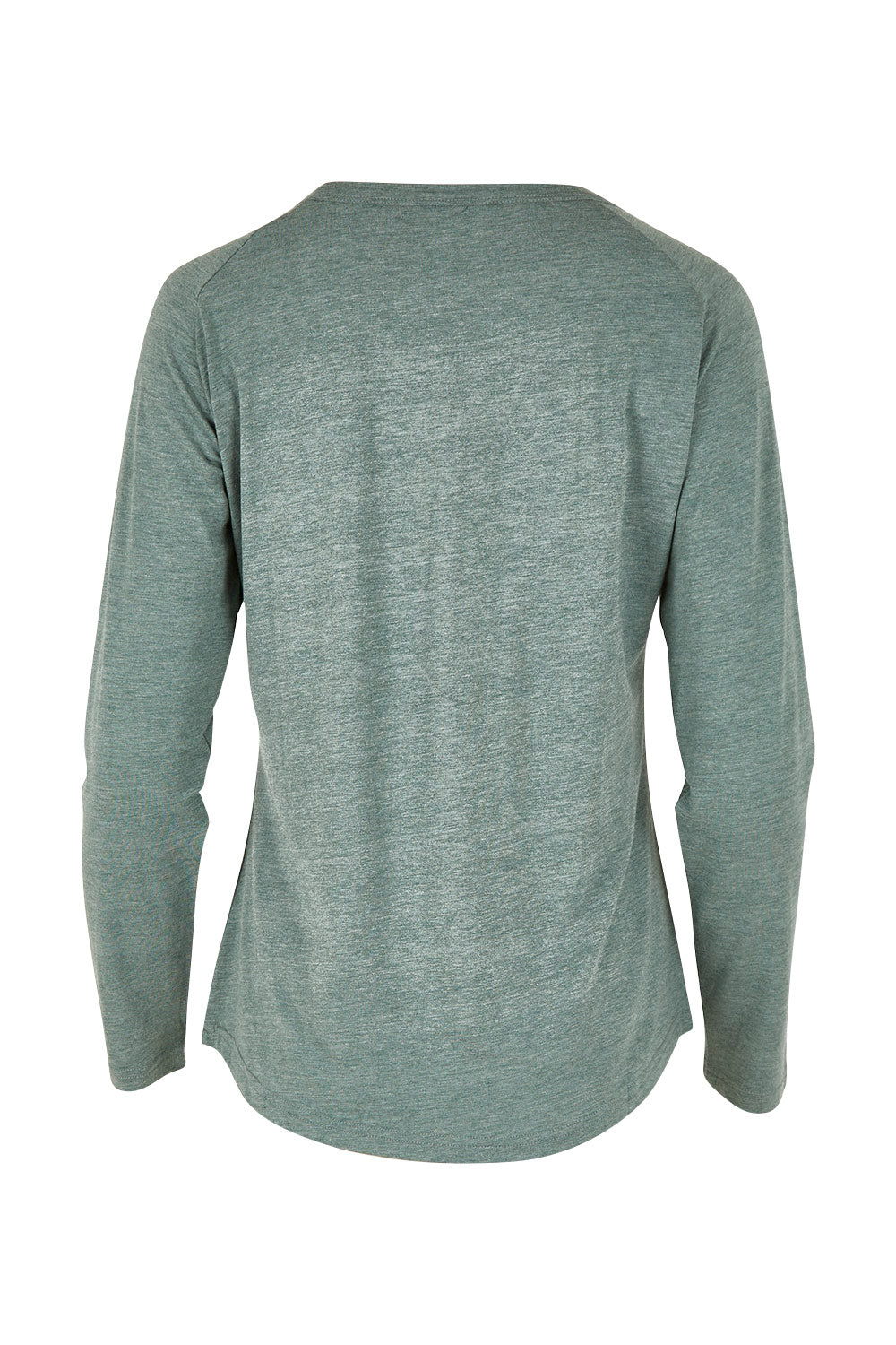 Product shot of the Henley Long Sleeve Bamboo Top in colour Moss (Green), from the back