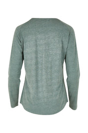 Product shot of the Henley Long Sleeve Bamboo Top in colour Moss (Green), from the back