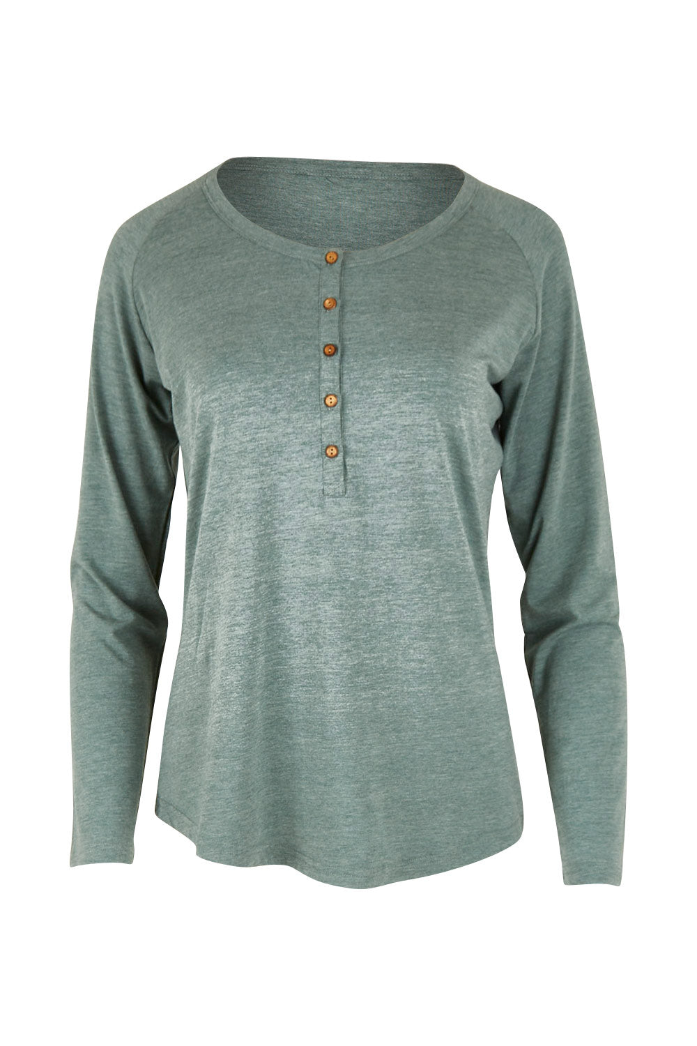 Product shot of the Henley Long Sleeve Bamboo Top in colour Moss (Green), from the front