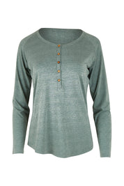 Product shot of the Henley Long Sleeve Bamboo Top in colour Moss (Green), from the front