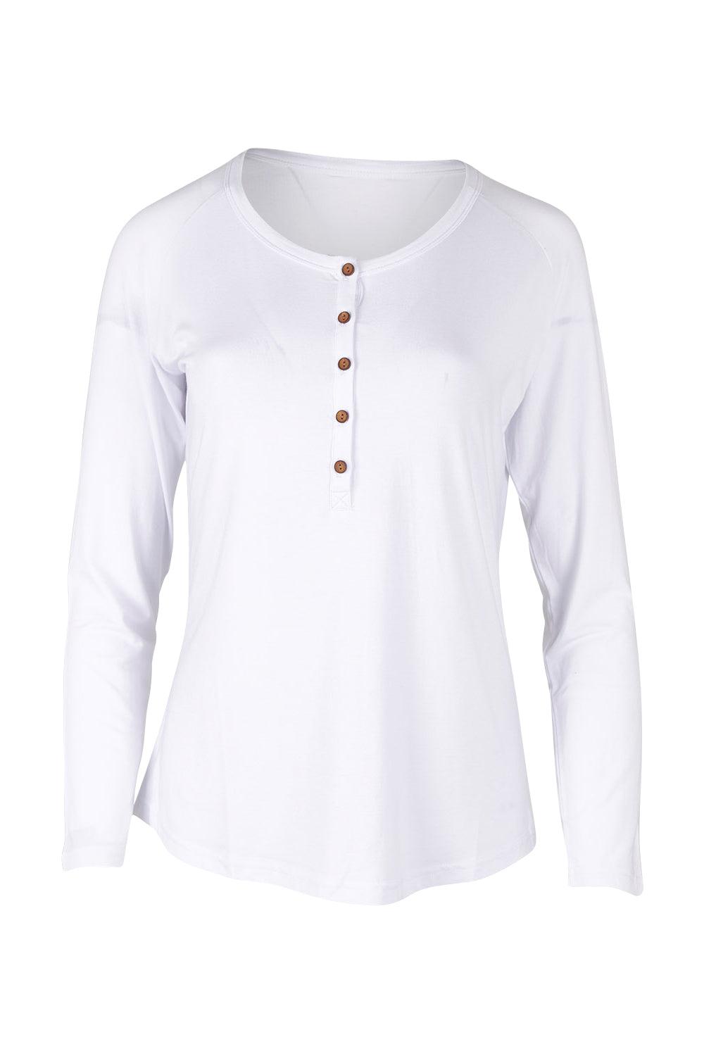 Product shot of the Henley Long Sleeve Bamboo Top in colour White (White), from the front