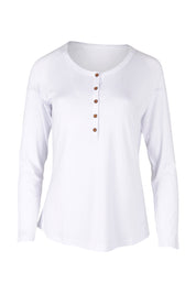 Product shot of the Henley Long Sleeve Bamboo Top in colour White (White), from the front