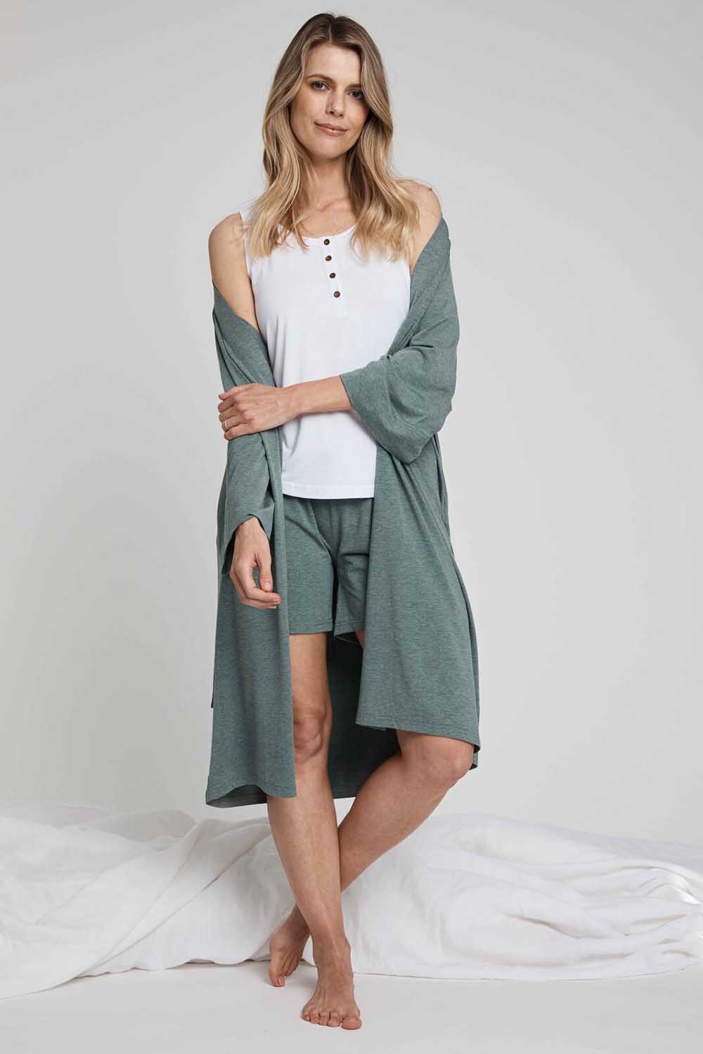 A model wearing the Bamboo Robe in colour Moss (Green), from the front, showing the whole outfit