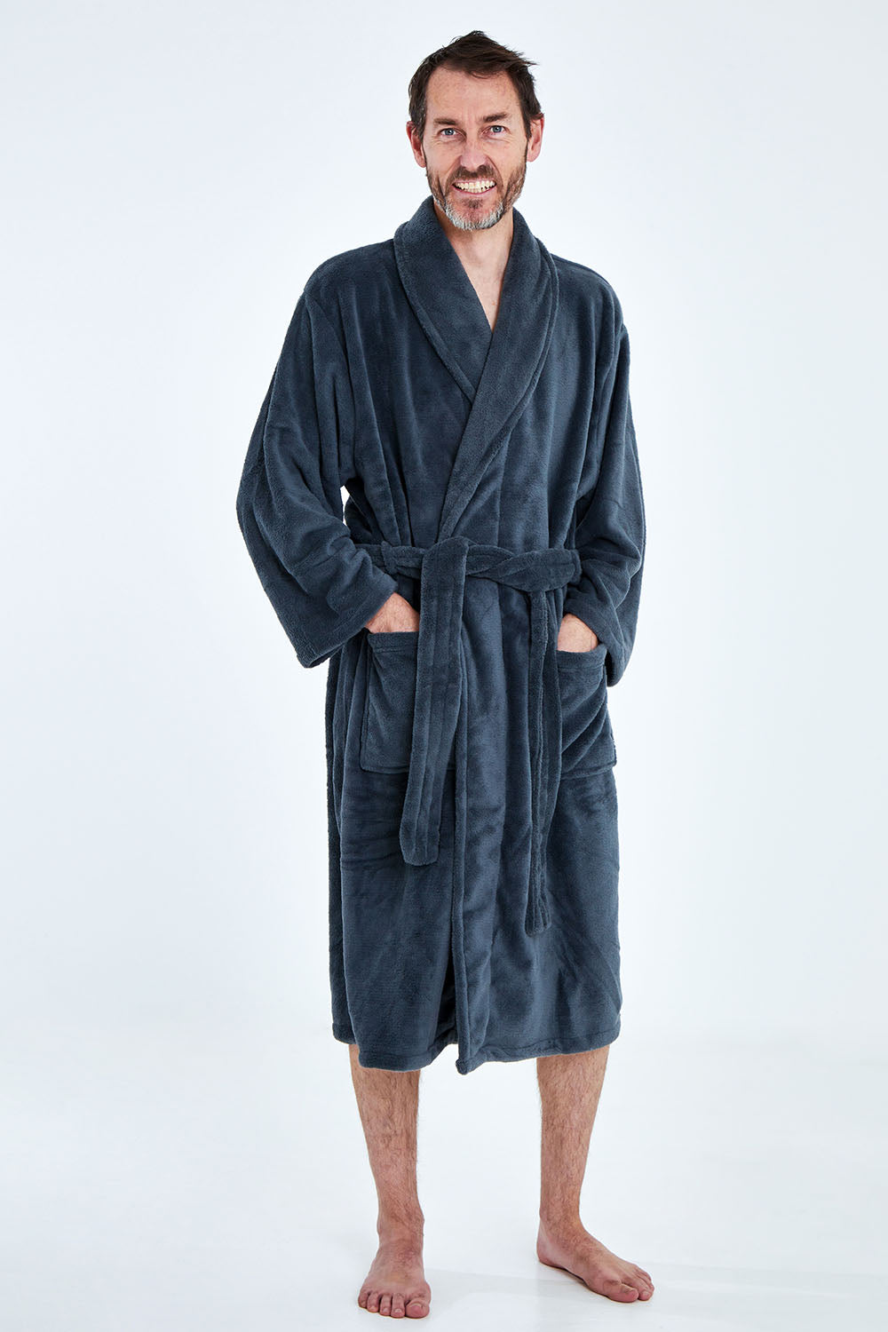 A model wearing the Microplush Bath Robe in colour Charcoal (Grey), from the front, showing the whole outfit
