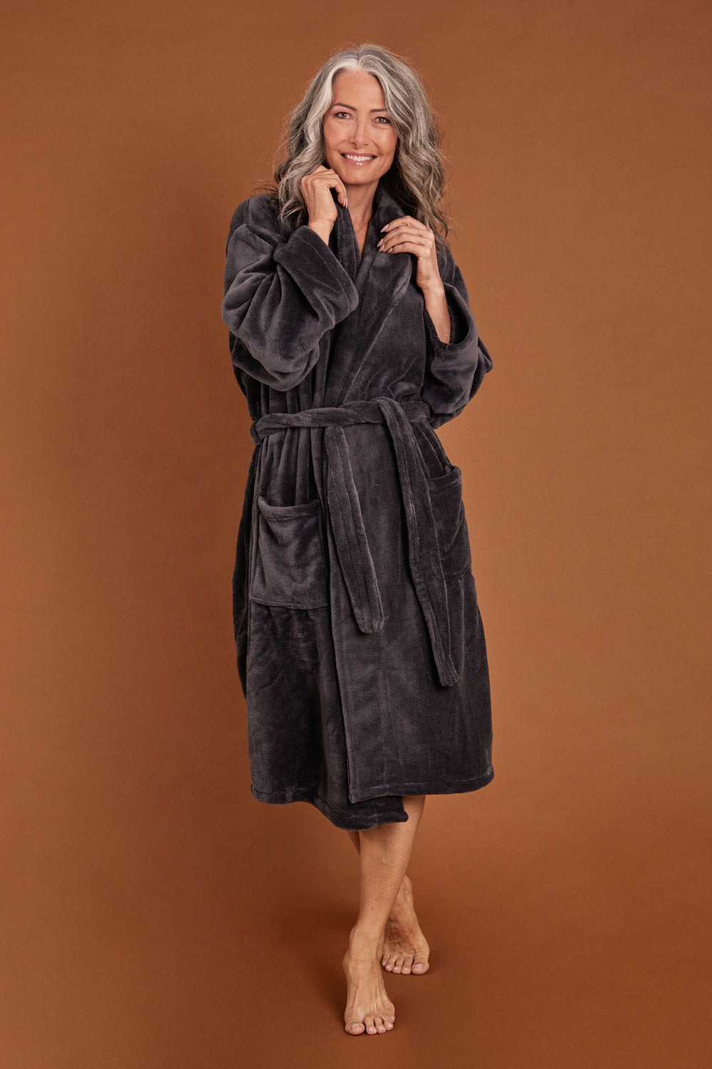 Model Luisa wearing the Microplush Bath Robe in colour Charcoal (Grey), from the front, showing the whole outfit