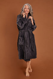 Model Luisa wearing the Microplush Bath Robe in colour Charcoal (Grey), from the front, showing the whole outfit