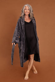 Model Luisa wearing the Microplush Bath Robe in colour Charcoal (Grey), from the front, showing the whole outfit