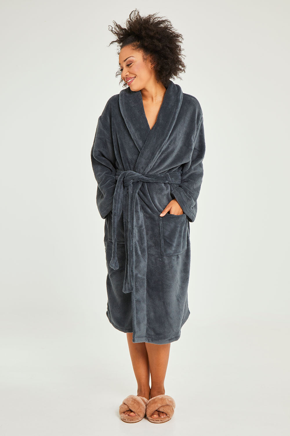 Model Olivia wearing the Microplush Bath Robe in colour Charcoal (Grey), from the front, showing the whole outfit