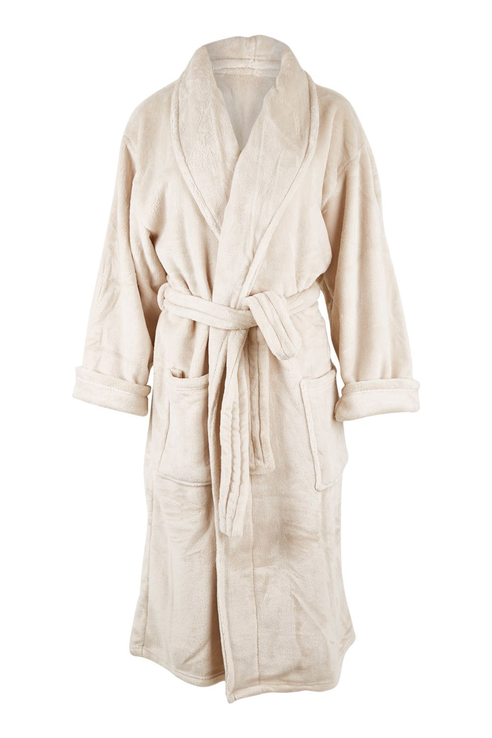 Product shot of the Microplush Bath Robe in colour Stone, from the front