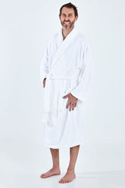 A model wearing the Microplush Bath Robe in colour White (White), from the front, showing the whole outfit