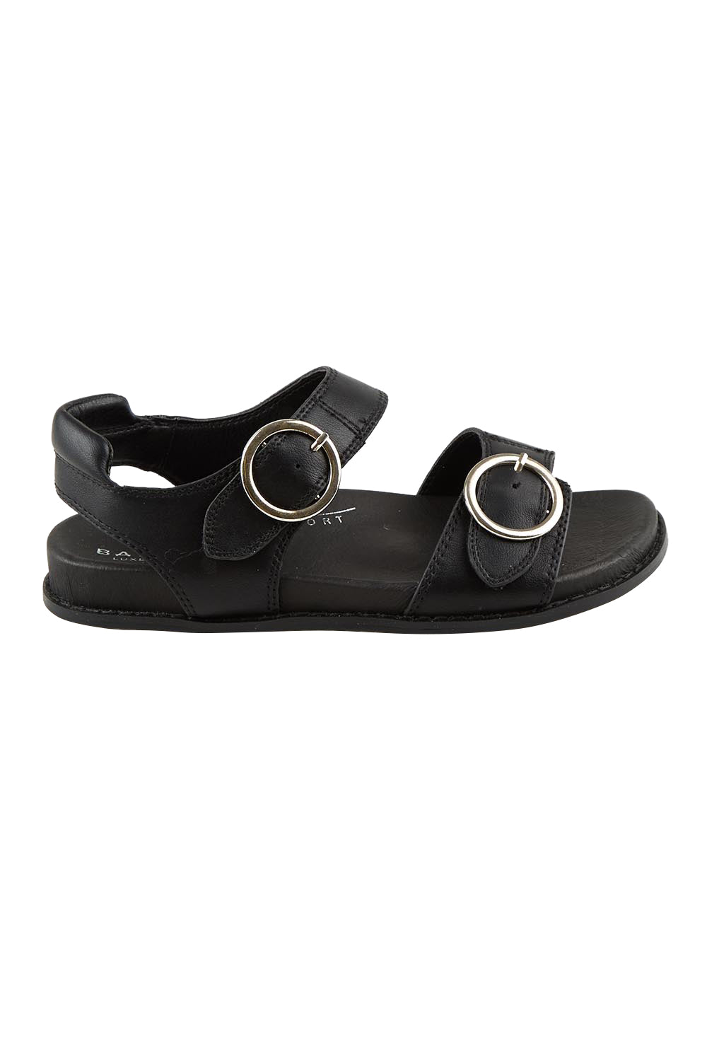 Product shot of the Molly Leather Velcro Slide - Black in colour Black, from the front