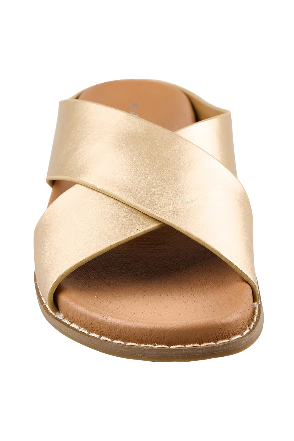Product shot of the Mystic Leather Slide - Champagne in colour Champagne, showing detail