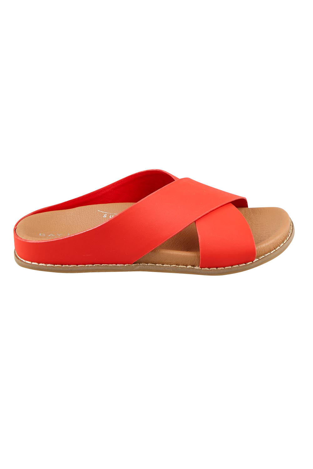 Product shot of the Mystic Leather Slide - Coral in colour Coral, from the front