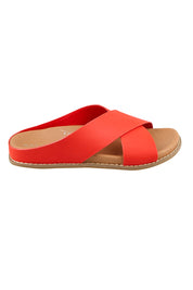 Product shot of the Mystic Leather Slide - Coral in colour Coral, from the front