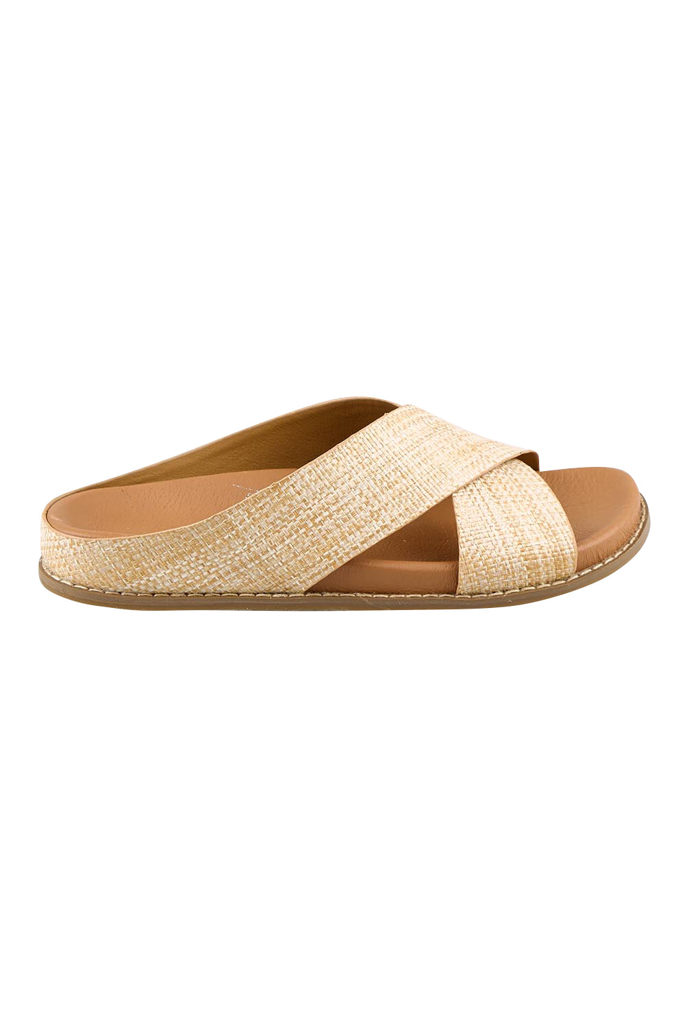 Product shot of the Mystic Leather Slide - Naturalraffia in colour Naturalraffia, from the front