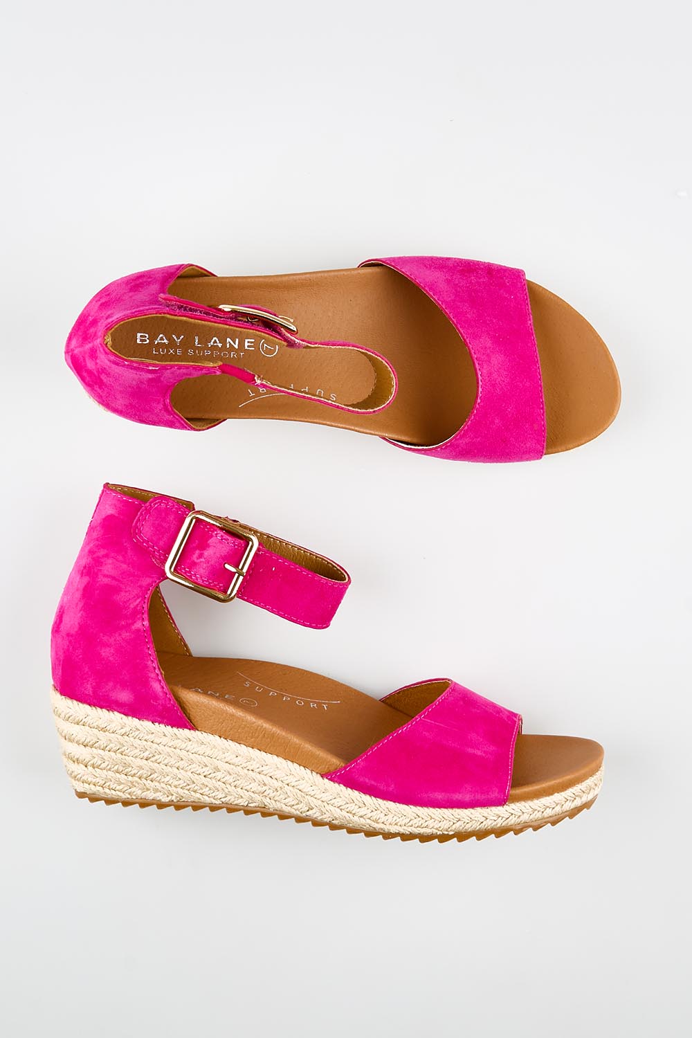 Model Genericm wearing size sample of the Olivia Espadrille Heel - Fushiasuede in colour Fushiasuede, from an angle
