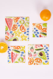 A model wearing size OneSize of the Organic Cotton Four Starter Beeswax Wraps Pack in colour Fruit (White), from the front, showing the whole outfit