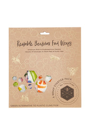 Product shot of the Organic Cotton Four Starter Beeswax Wraps Pack in colour Fruit (White), from the front