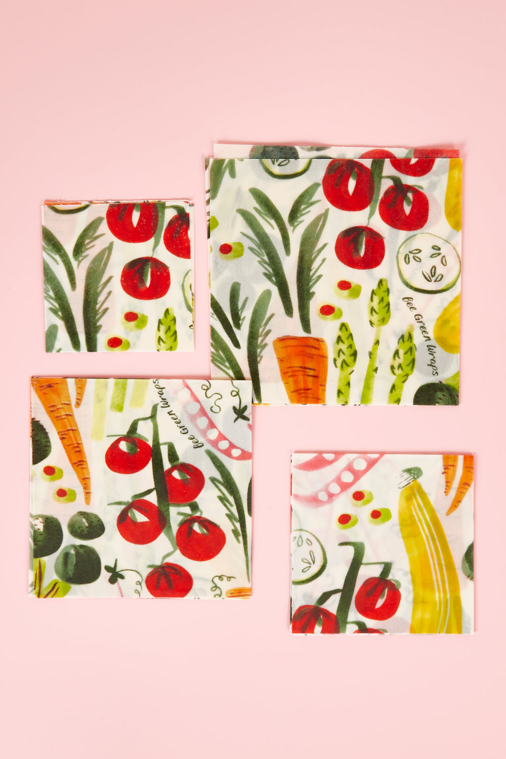 A model wearing size OneSize of the Organic Cotton Four Starter Beeswax Wraps Pack in colour Vegetables (White), from the front, showing the whole outfit