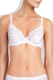 A model wearing the Yvette Underwire Bra in colour White (White), from the front, cropped image