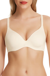 A model wearing the Barely There Contour Bra in colour Ivory (White), from the front, cropped image