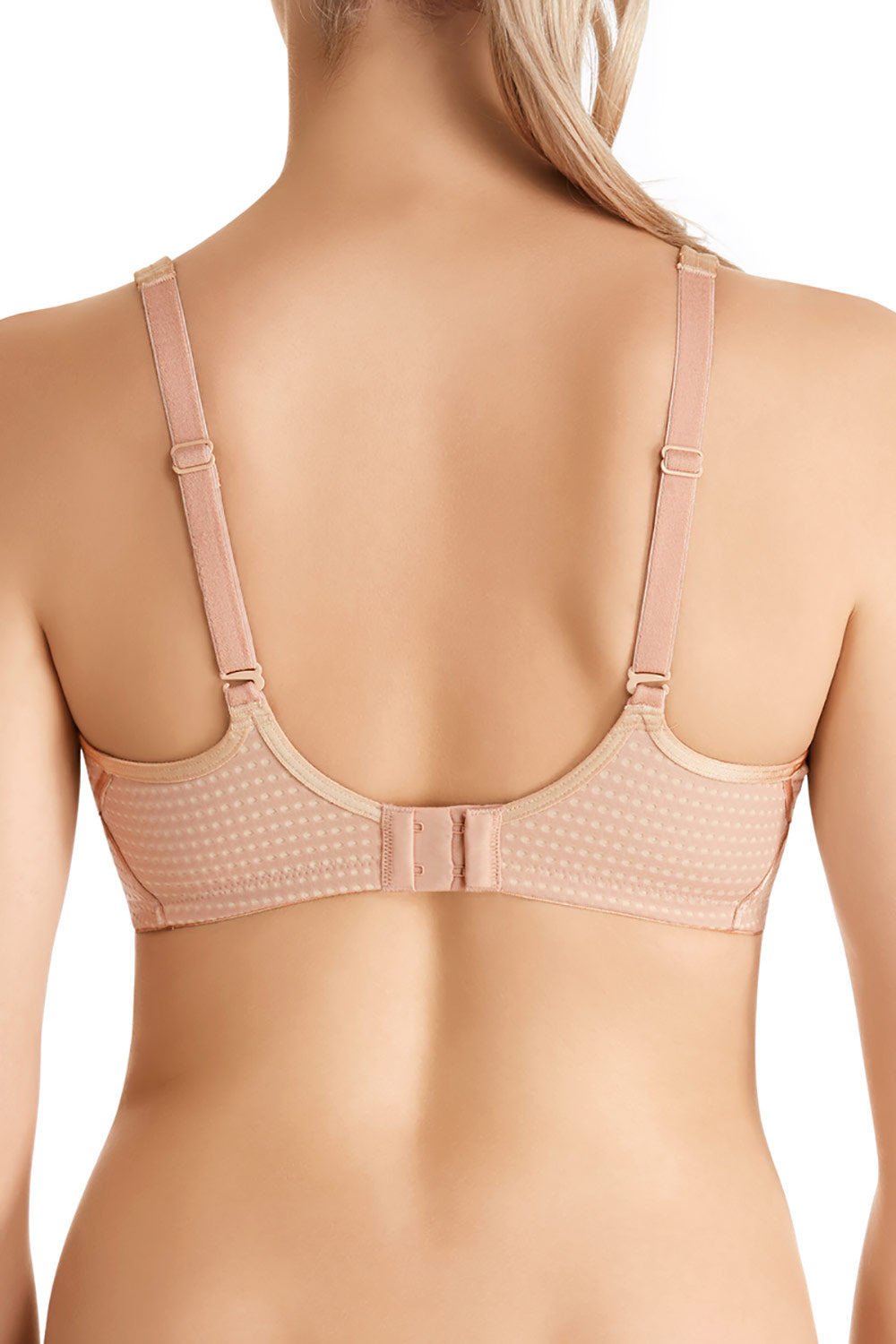 A model wearing the Electrify Mesh Underwire Bra in colour SoftPowder, from the back