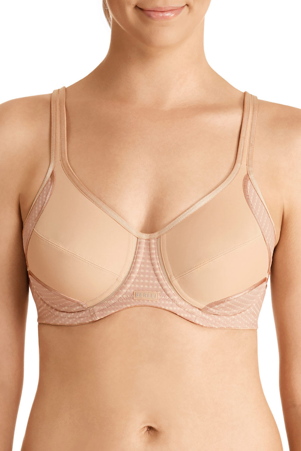 A model wearing the Electrify Mesh Underwire Bra in colour SoftPowder, from the front, cropped image